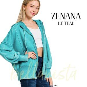 5221 ZENANA Lt Teal Acid Wash French Terry Zip Hoodie w Pockets